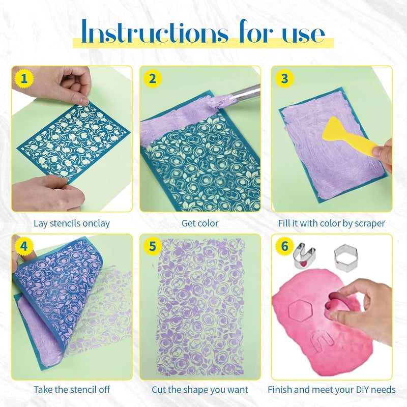 Jutom 24 Pieces Silk Screen Stencils for Polymer Clay Cutter Tools Reusable Silkscreen Print Kit DIY Craft Earring Jewelry Making Supplies Screen Stencils Reusable with 2 Squeegees, 3.9 x 6'' - Image 3